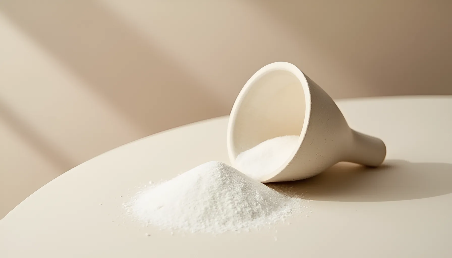 중단 기간 송금 처리 개념 이미지 무유약 도자기 깔때기가 옅은 베이지 상판 위에 옆으로 누워 있고 넓은 입구 앞쪽으로 고운 흰 모래가 흘러나와 쌓인 정물 이미지, 길이 막힌 동안 보낸 것이 한쪽에 모여 기다린다는 점을 은유