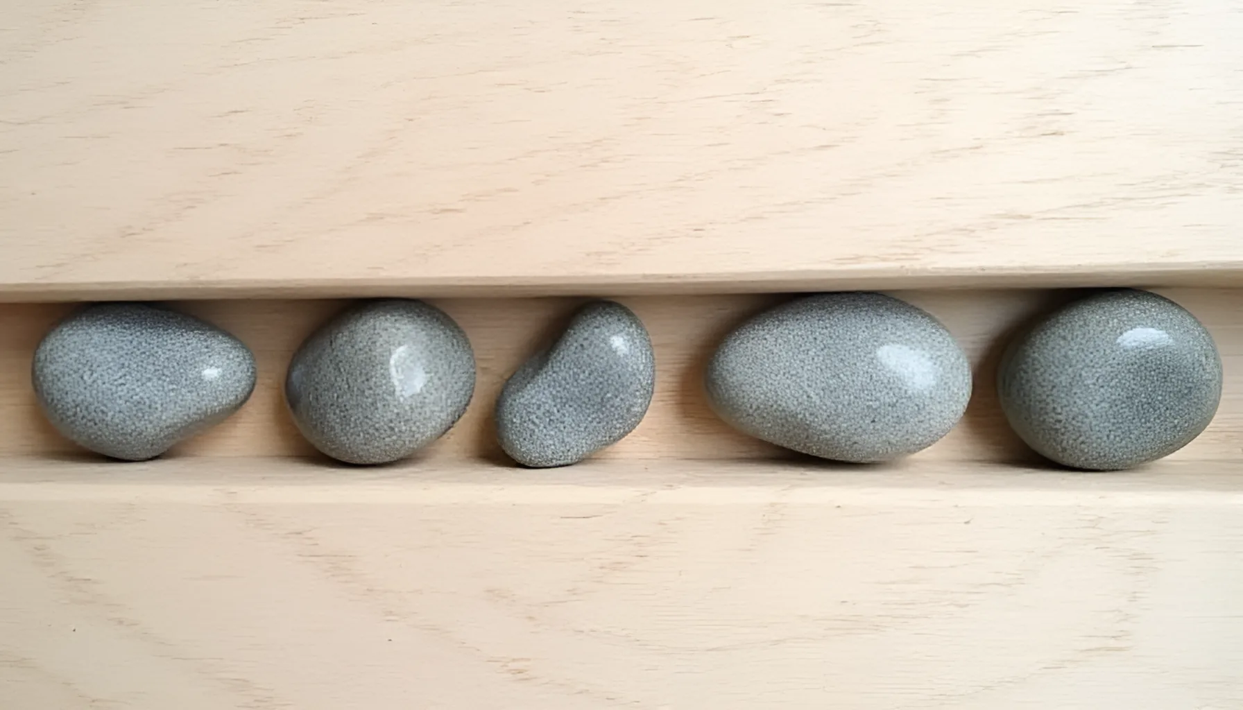자산별 보상 주기 개념 이미지 밝은 나무판에 가로로 길게 파인 홈 안으로 매끈한 회색 조약돌들이 서로 다른 간격을 두고 놓여 있는 근접 이미지, 지급 간격이 자산마다 다르다는 점을 은유